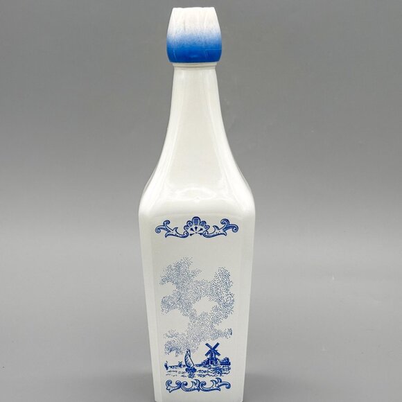 Vintage Vandermint Milk Glass Decanter Pair With Blue Windmill Design | Holland - Picture 5 of 8